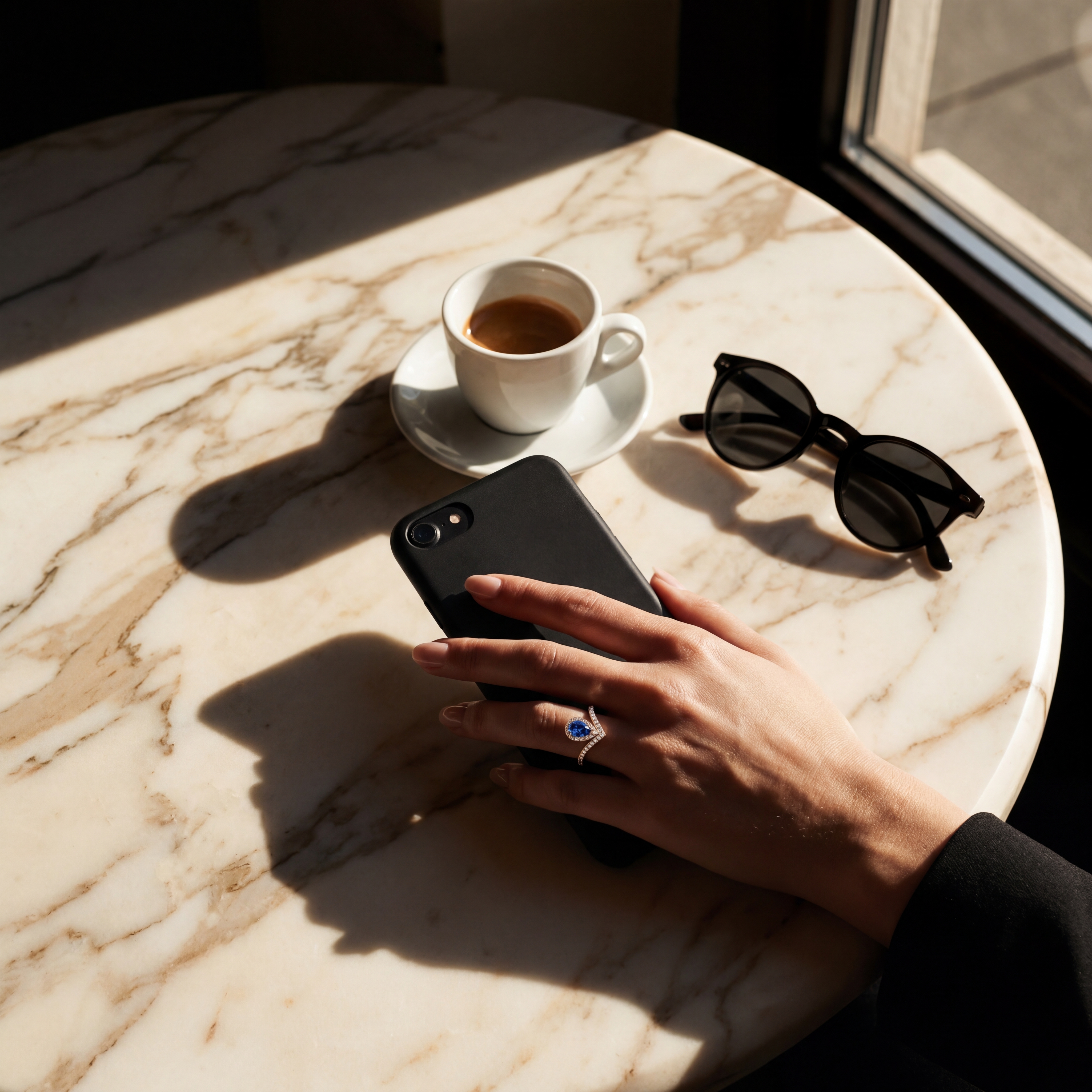 Femme dans un café parisien, bague Diane