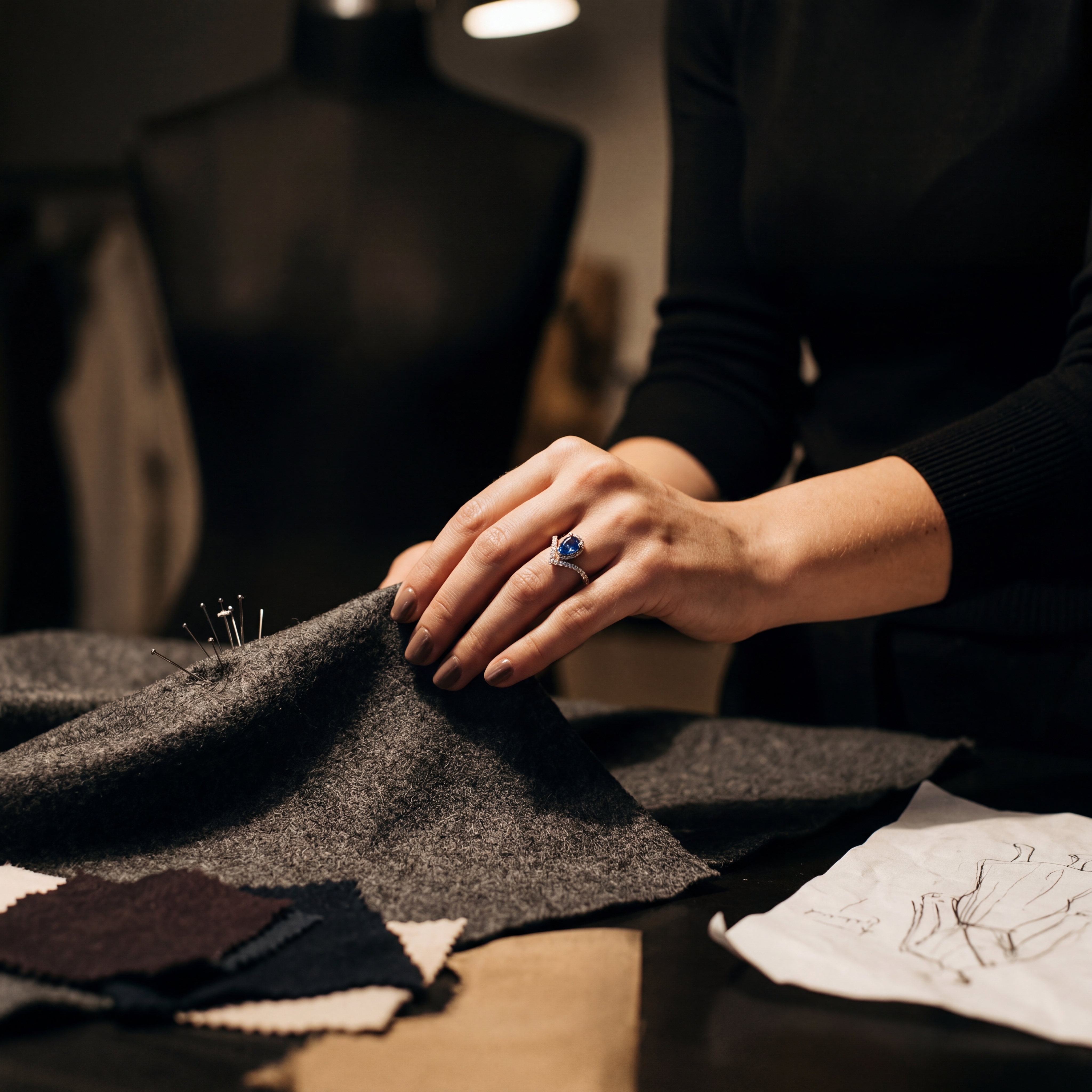 Main portant la bague Diane, atelier de couture